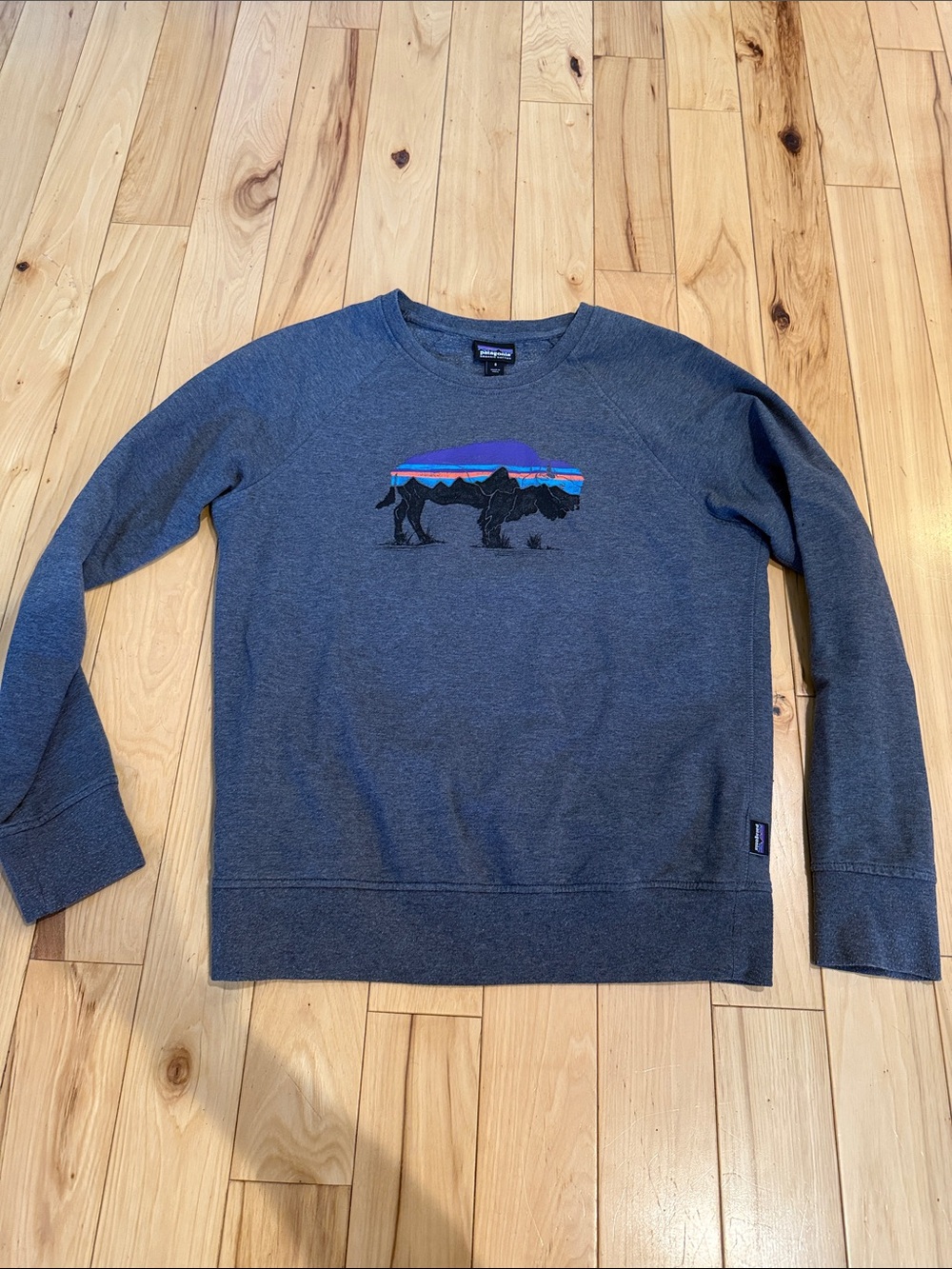 Patagonia Women’s Dark Gray Crewneck Sweatshirt with Colorful Buffalo Logo